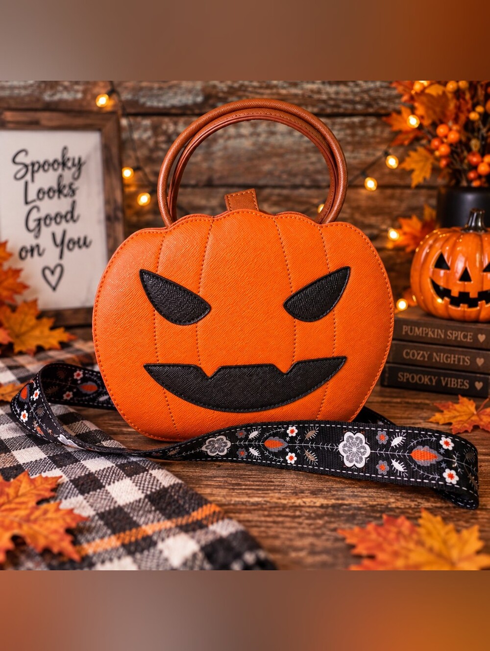NEW Halloween Pumpkin Jack O Lantern Handbag Crossbody Purse Floral Strap 🎃